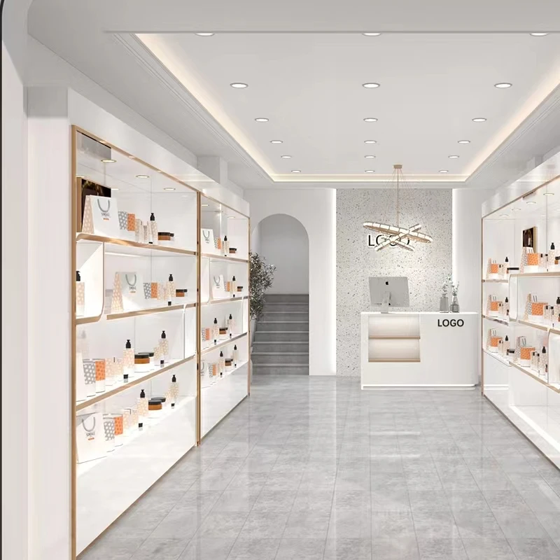 Custom boutique Wooden nail Cosmetic Display Cabinet Shelves And beauty salon Makeup Showcase Display stand For Retail Store