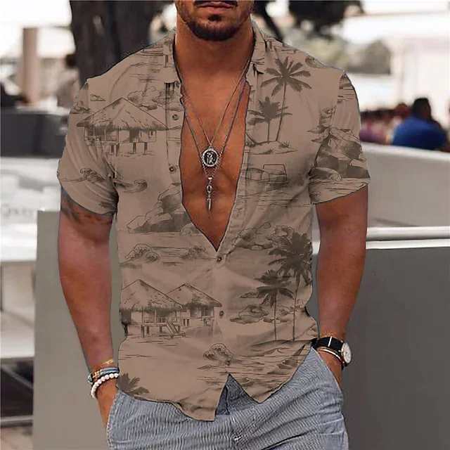 Factory Wholesale Custom Summer Short-sleeved Shirt 3D Print Coconut Tree Graphic Turndown New Fashion Trend Shirt For Men
