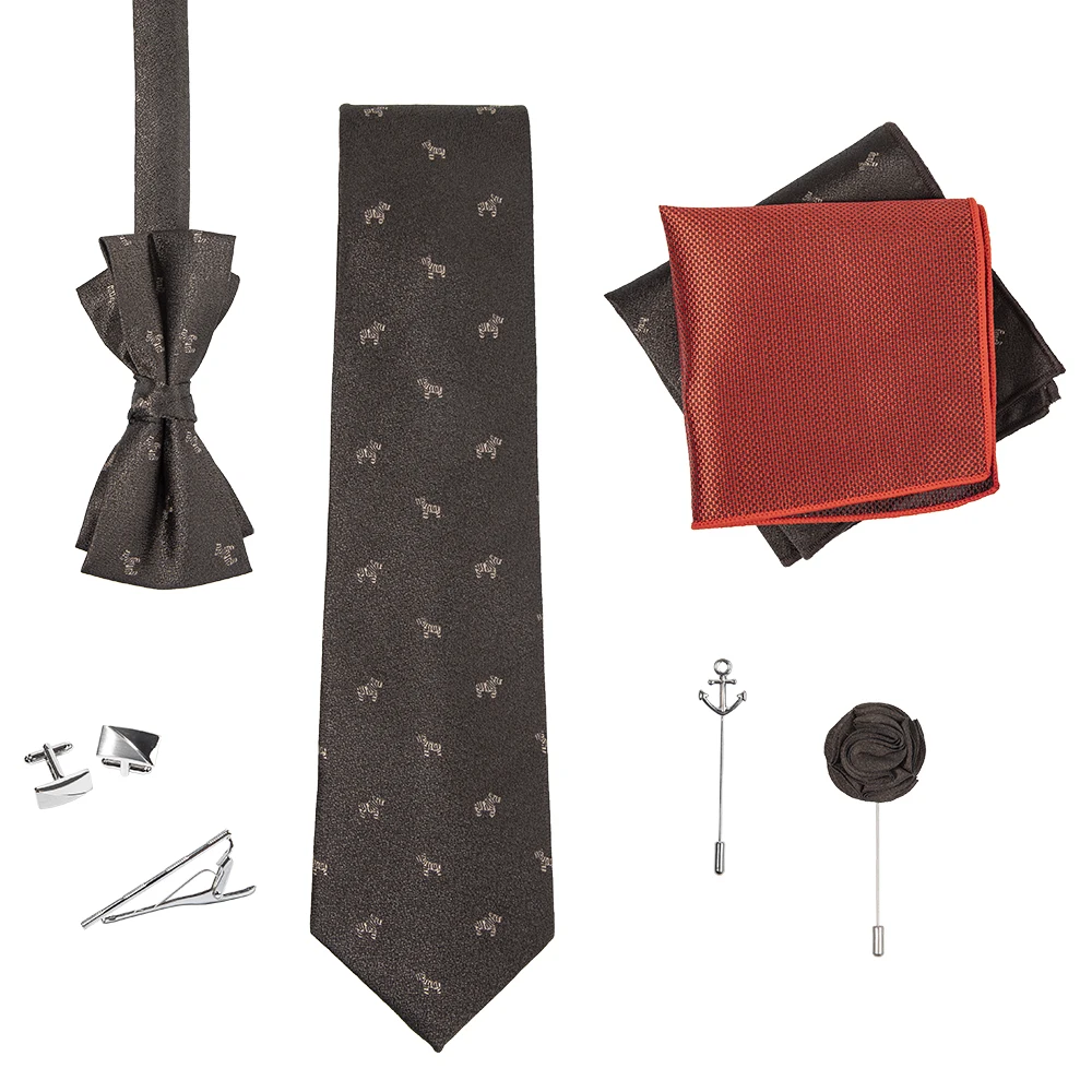 Men Brown Beige Dog Pattern Polyester Neckties with Bowtie Bow Ties Pocket Square Flower Lapel Includes Metal Pin Tie Bar Set