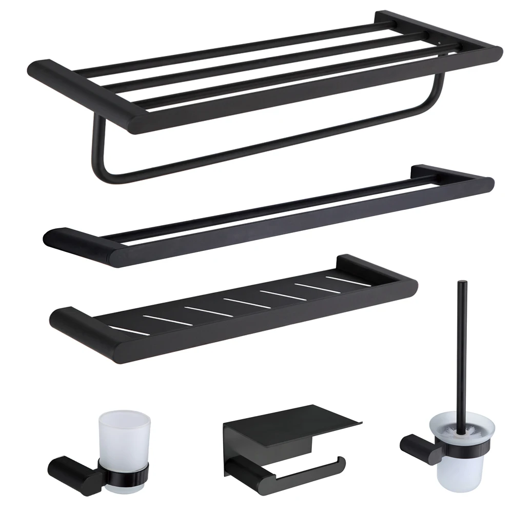 2021 Modern Design Matte Black Multifunctional  Toothbrush Rack Towel Shelf Brass Bathroom Accessories Set