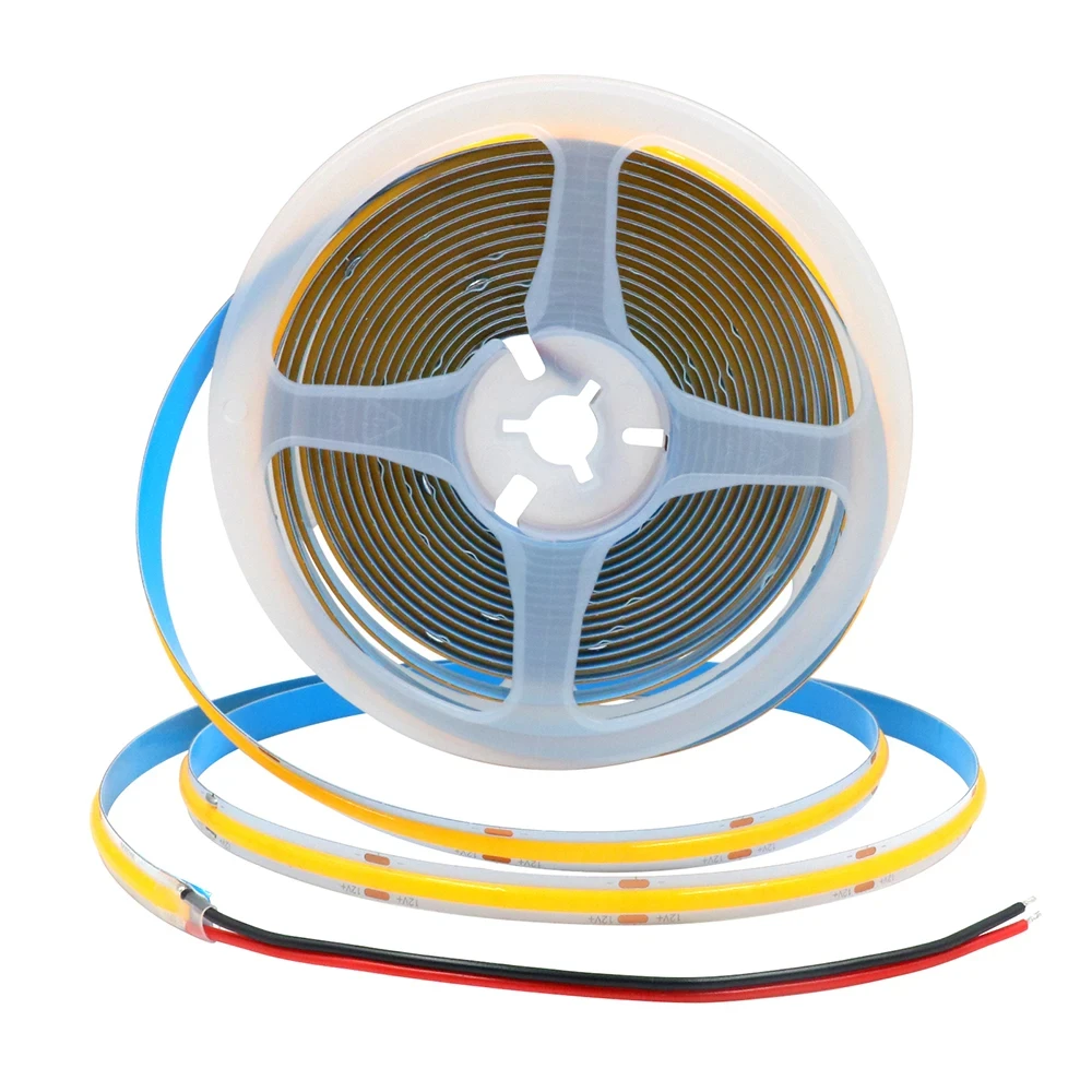 COB LED Flexible Strip Light 12V/24V 384LED/m High-Density Tape 3000K/4000K/6000K Slim 8mm PCB with DC Plug