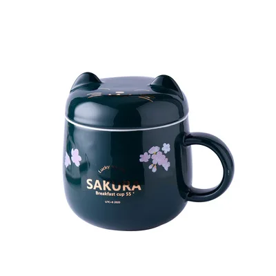 Cute Sakura Cartoon Cat Ceramic Coffee Cup With Lid