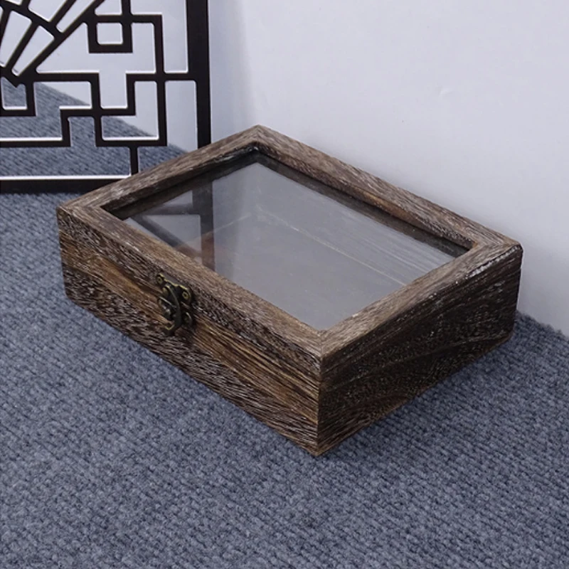 Vintage Wooden Gift Empty Box With Transparent Glass Lid Wooden  Gift Storage Box