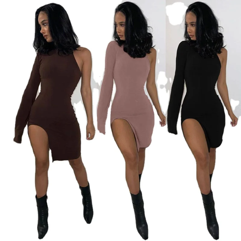 skirts long skirts wholesale Sexy one-shoulder long-sleeved dress women autumn new slim slimming skirt casual fall clothes woman