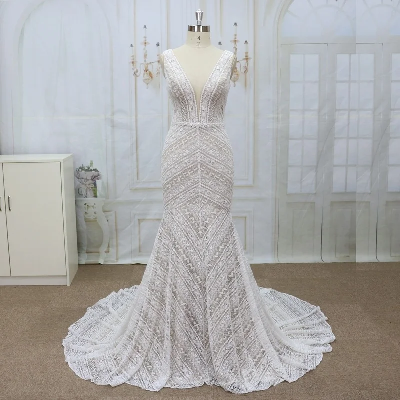Illusion beautiful over lace style with stretch lining mermaid wedding dress