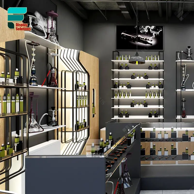 Factory Manufacturing Shisha Wood Shelves Glass Gold Display Cabinet Lock Counter Cigarette Smoke Shop Retail Rack