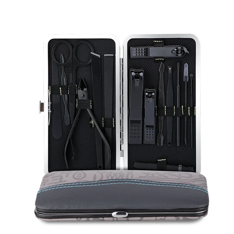 15pcs Multifunctional Black Nail Clippers Sets Stainless Steel Cutter Kit with