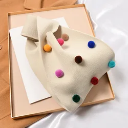 Wholesale Korean Style Ladies Small Clutch Purse Japanese Knitted Knot Bag Women Cute Crochet Clutch Handbag With Pom Pom