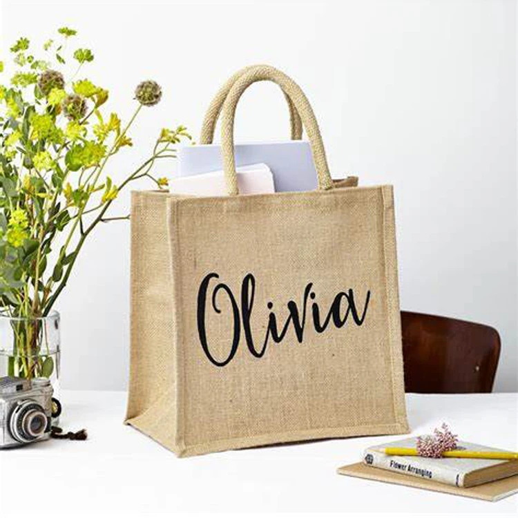 Lamination burlap custom logo color eco friendly grocery tote bags reusable sac en wedding gift jute shopping bag