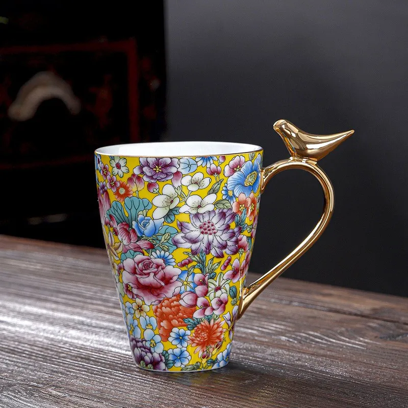 Wholesale bone china ceramic mug porcelain coffee cup with custom pattern full floral design with handle