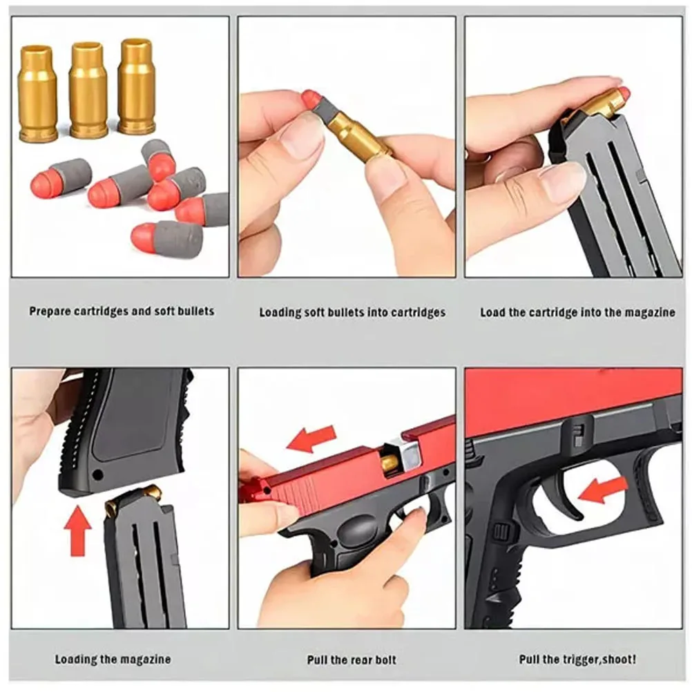 toy bb gun with soft bullets educational toys gifts for kids boys girls adults plastic shell ejecting laser glock toy gun