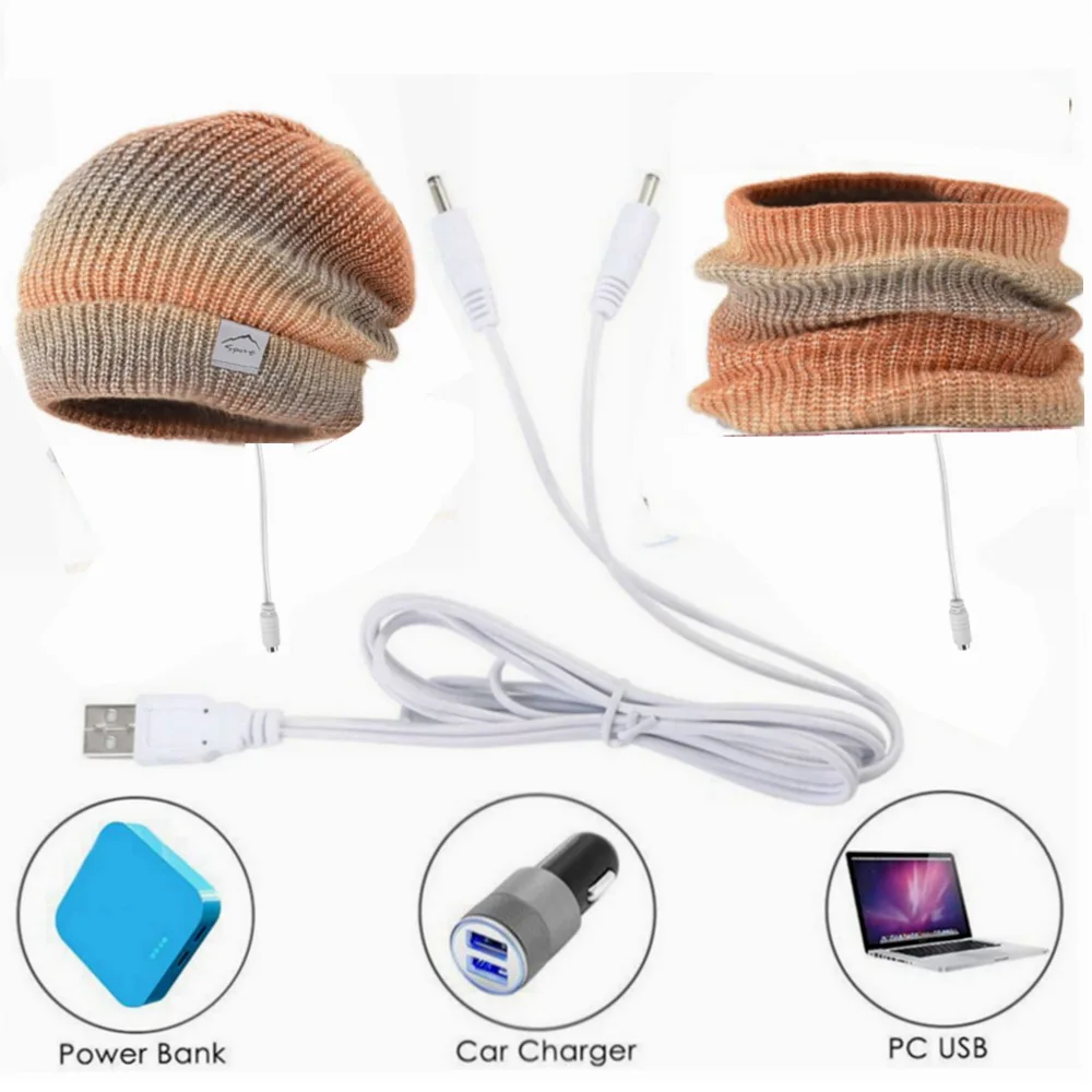 Soft Lined Knitted Winter Warm Ski Beanies USB Heated Hat and Scarf Set Neck Warmer for Men Women