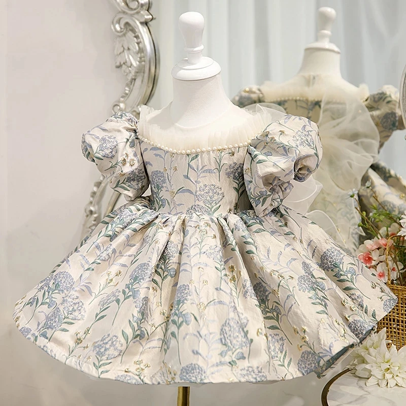 Spanish Retro Court Girls Dress New Baby Girl Bubble Sleeve Jacquard Princess Dress Baby 1st Birthday Party Baby Bow Tutu Dress