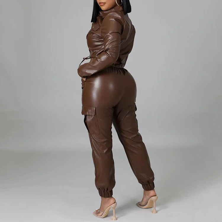 Women Fashion Pu Leather Jacket Set Long Sleeve Jacket Tops &Jogger Pants Two Piece Outfits Set