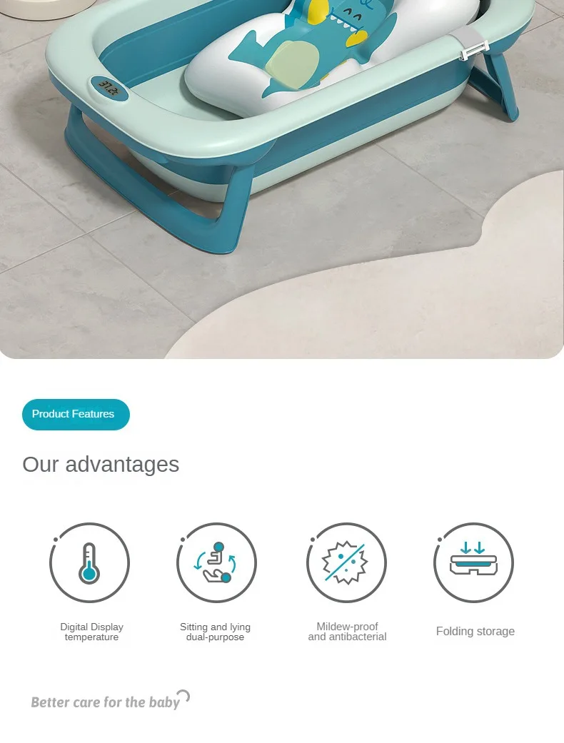 Folding Plastic Kids Bathtub Foldable Baby Bath Tubs Set Collapsible With Stand Temperature And Cushion For Infant Children