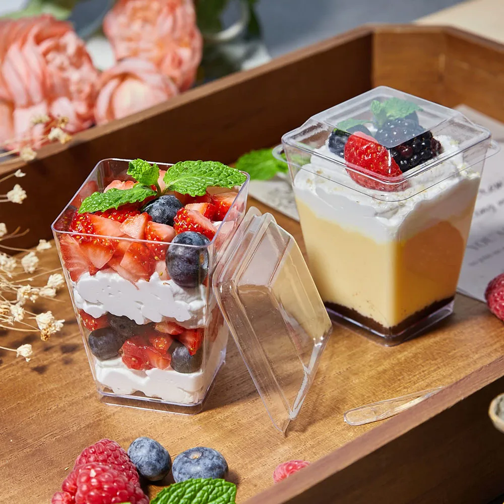 Wholesale Custom Mousse Cup Clear PET Plastic Cake Box Disposable Transparent Square Dessert Cups