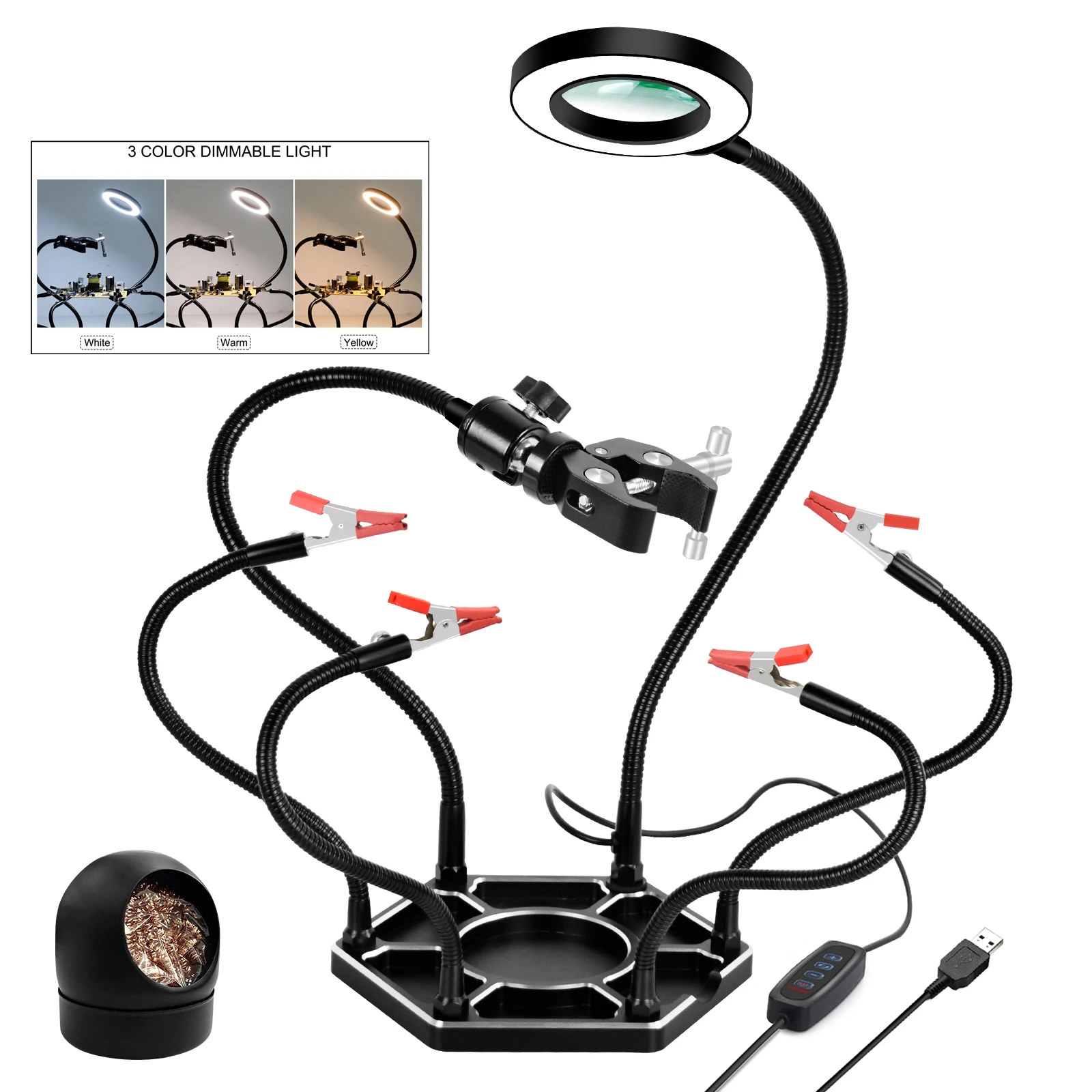 Soldering Helping Hands Third Hand with 3X LED Magnifying Glass Lamp and Soldering Iron Tip Cleaner PCB Holder for IC SMD Repair