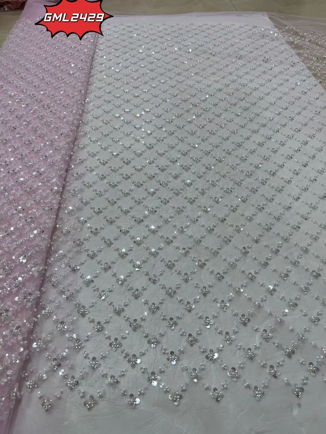 metallic lace fabric pink lilac lace French Lace bridal crystal sequins heavy white embroidery beads sequins For Wedding fabric