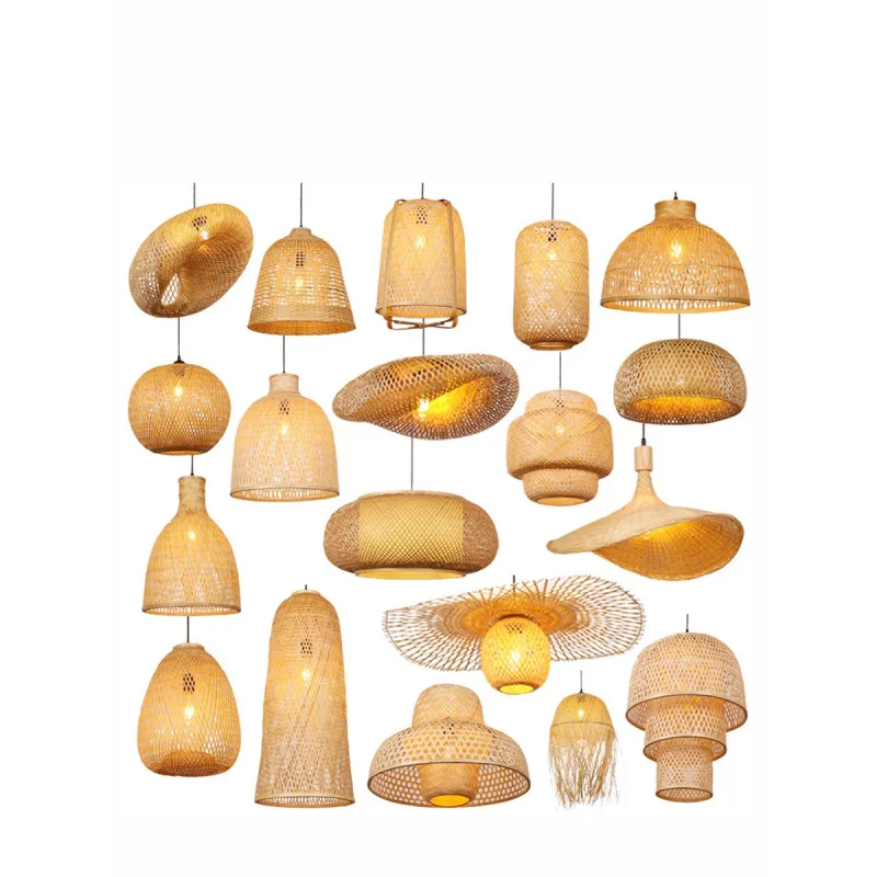 Bamboo Woven Hanging Lamps Chinese Restaurant Bamboo Lantern Tea Room Handmade Pendant Lighting Straw Hat Rattan Chandelier