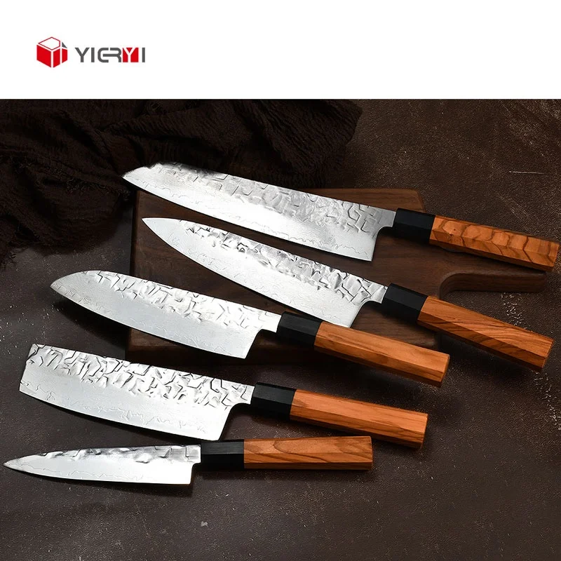Full Tang Craftsman Handmade Forged Damascus Japanese Chef Knife Cleaver Knife Kitchen Knife Set With Walnut Wood Block Holder