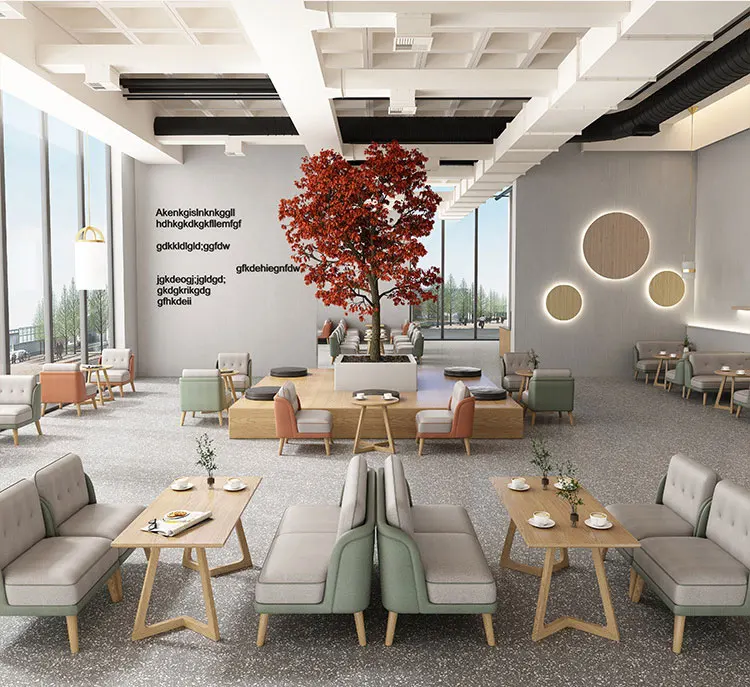 Cafe shop dining chairs and table set sofa booth seating tech cloth dining chairs with ash legs