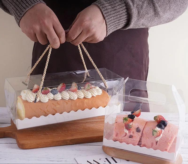 OEM 3in Height Elegant Long Full clear Lid Packaging Boxes Transparent Dessert swiss Roll Cake Pastry Box with Handle