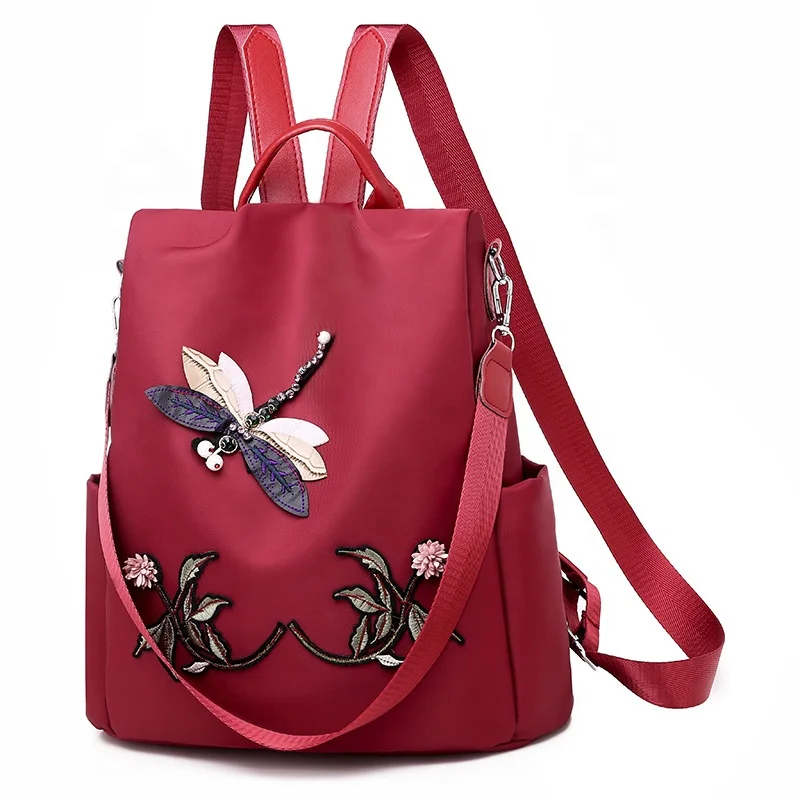 custom Chinese style big capacity floral outdoor travel women 3d dragonfly flower embroidery backpack