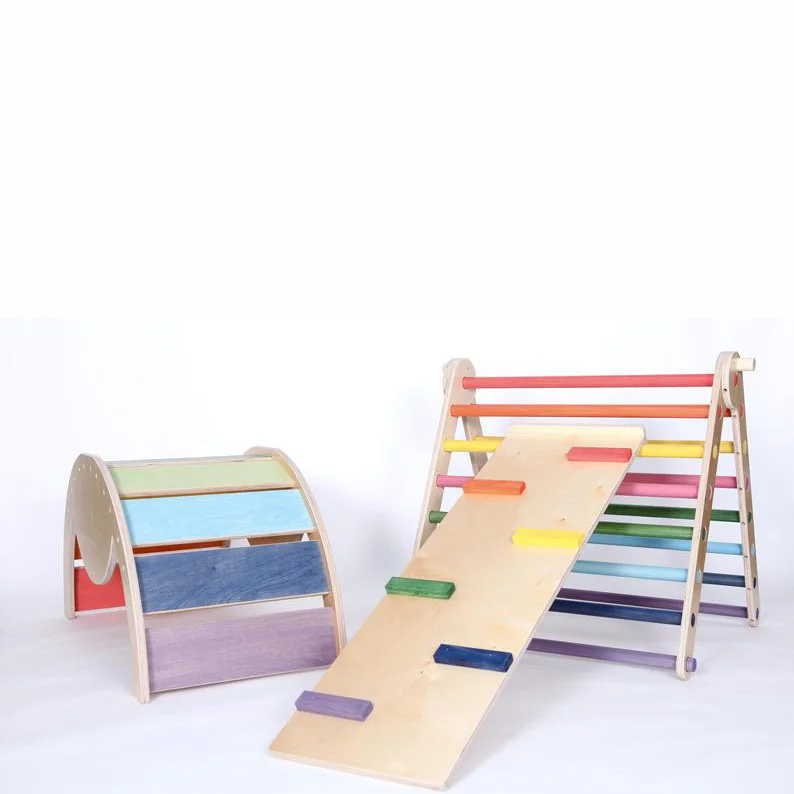 
FULL SET OF 3 Slide Climber ramp Wooden Arch Montessori climbers Foldable Climbing Triangle 