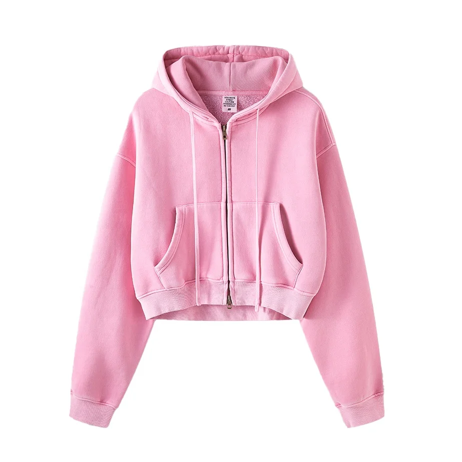 Washed Vintage Padded Short Top Women Y2K Zipper Hooded Sweatshirt Jacket Full Zip up Hoodies