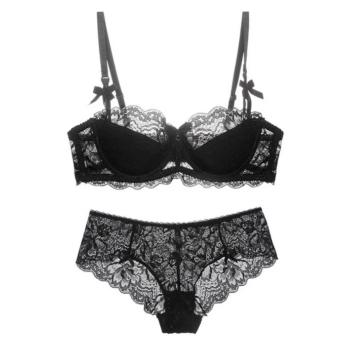Bowknot panty bra embroidered lace underwire push up soft bra set