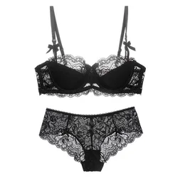 Bowknot panty bra embroidered lace underwire push up soft bra set