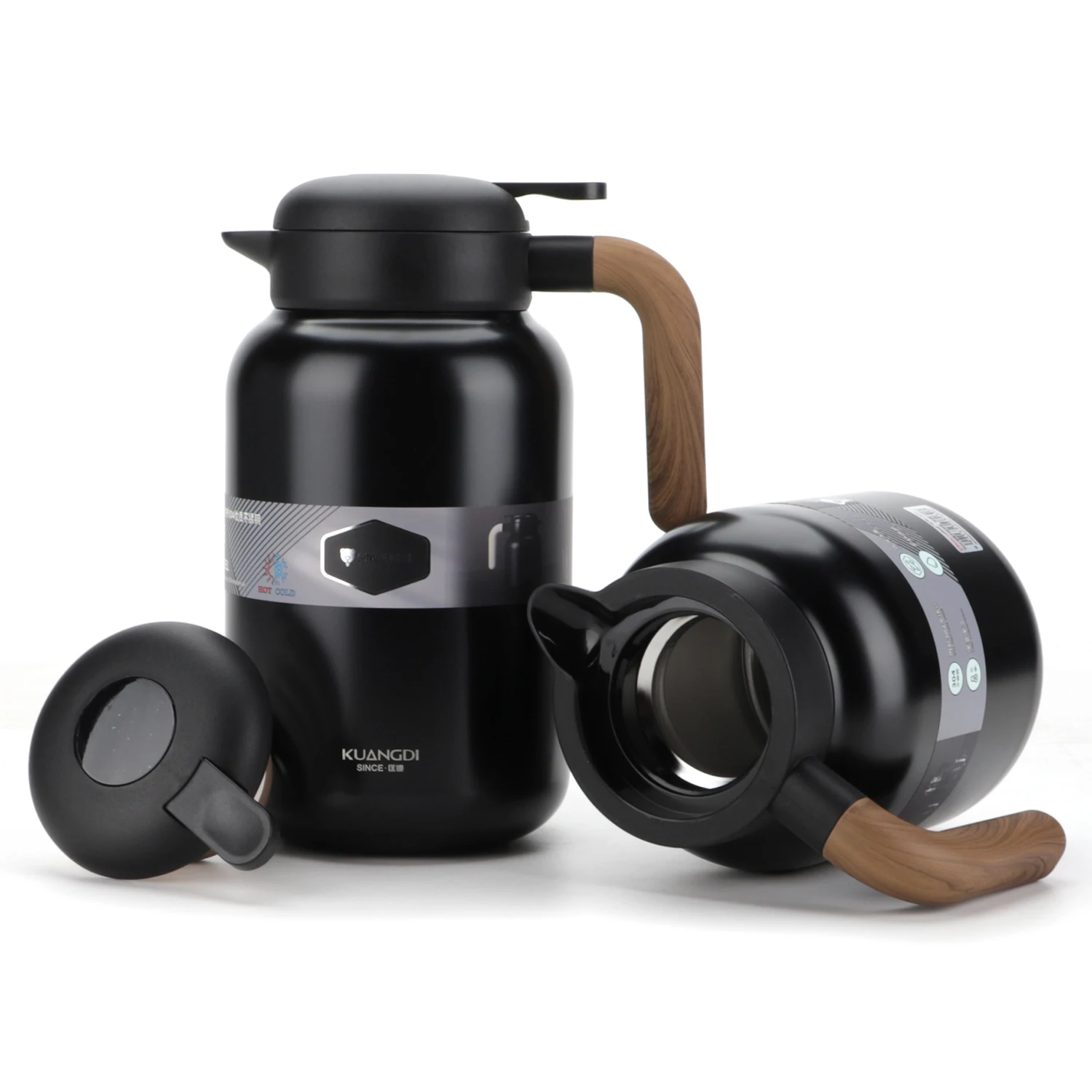 1300ml 2000ml Double Wall Stainless Steel Vacuum Insulated Coffee Carafe Thermos Hot Water Tea Pot with Wood Grain Handle