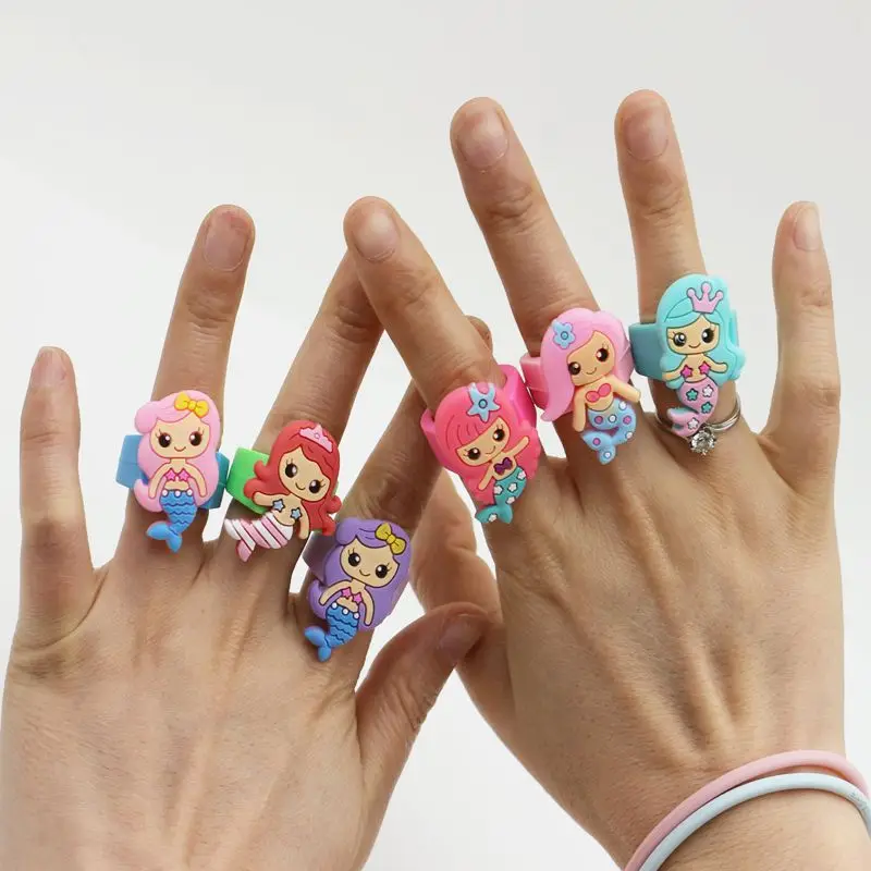 New Mermaid Ring Pvc Soft Rubber Kids Ring Cartoon Design Cute Colorful Silicone Rings for Gift