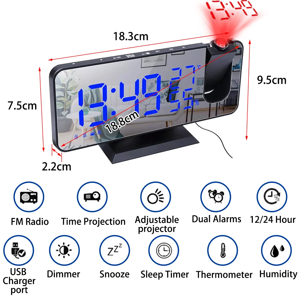 0-100% Dimmer 180 Rotatable USB Rechargeable LED Digital Projection Electronic Alarm Clock with Time Projector and FM Radio