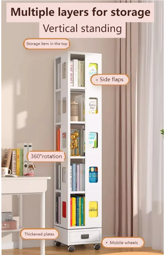 Large Capacity Rotating Book Shelf Space Saving Storage Cabinet for Book Bookcase Steel Bookshelf Racking with Wheels for Home