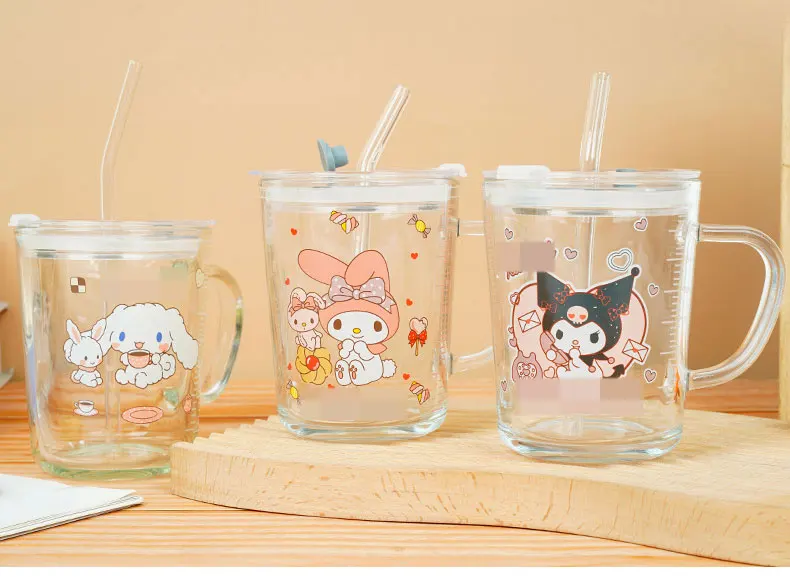 YuBon Cute Klomi Glass Water Cup With Straw 350ML Cartoon Home Student Dormitory Milk Coffee Mug Breakfast Water Glass Girl Gift
