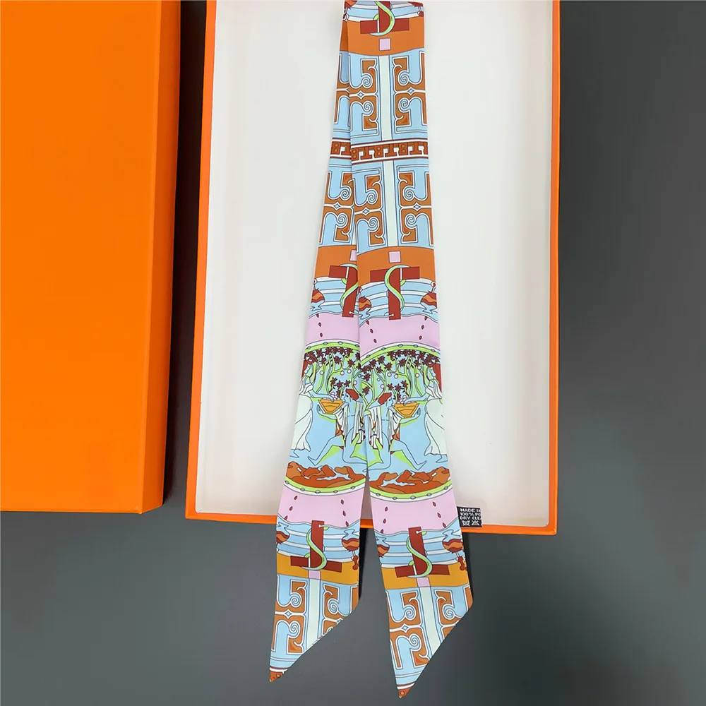 Factory OEM ODM 100% Silk Scarves for Women Luxury Skinny Scarf Digital Printed Silk Head Scarf Elegant Handle Bag Ribbons