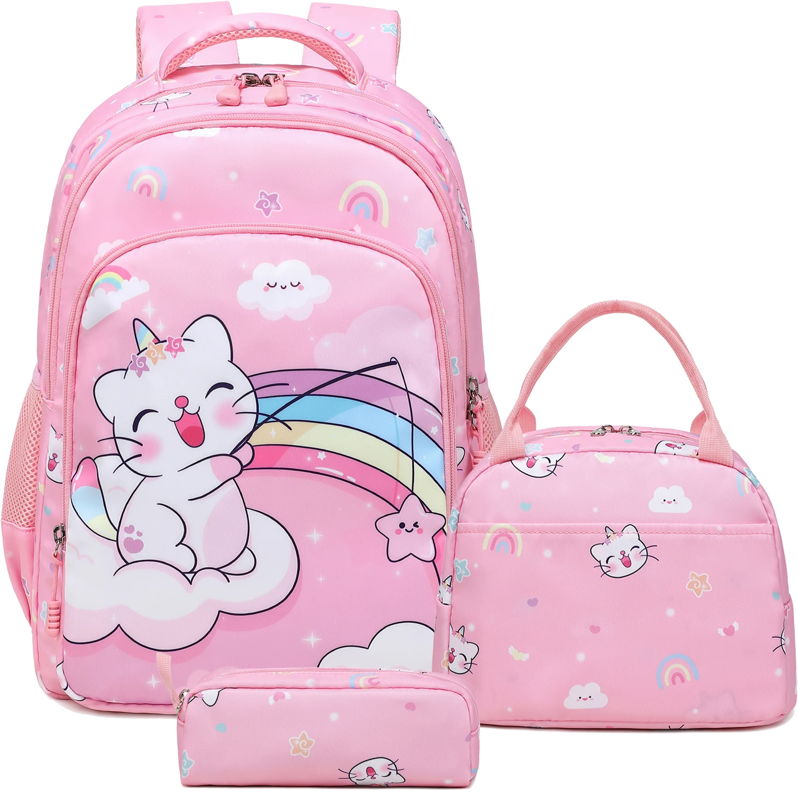 Hot-selling 3-in-1 Cute Cat Pattern Durable Waterproof School Backpack Set for Girls Kids Schoolbags Daily Use Book Bags