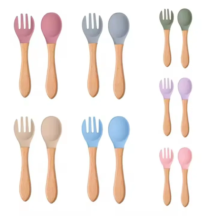 RTS Platinum Silicone Baby Fork Spoon Set Ready Stock Feeding Training Utensils Wooden Handle BPA Free Anti-Scalding Solid