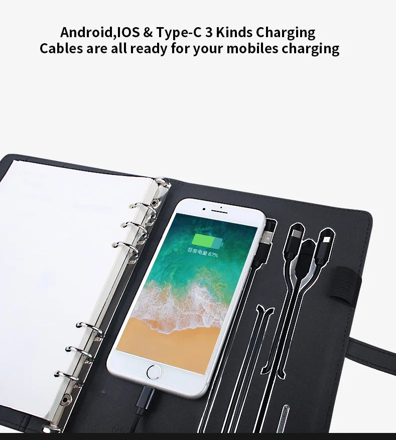 New Products Multifunctional Business Travel Can Light up logo A5 Size Folder Leather Wireless Charging Notebook
