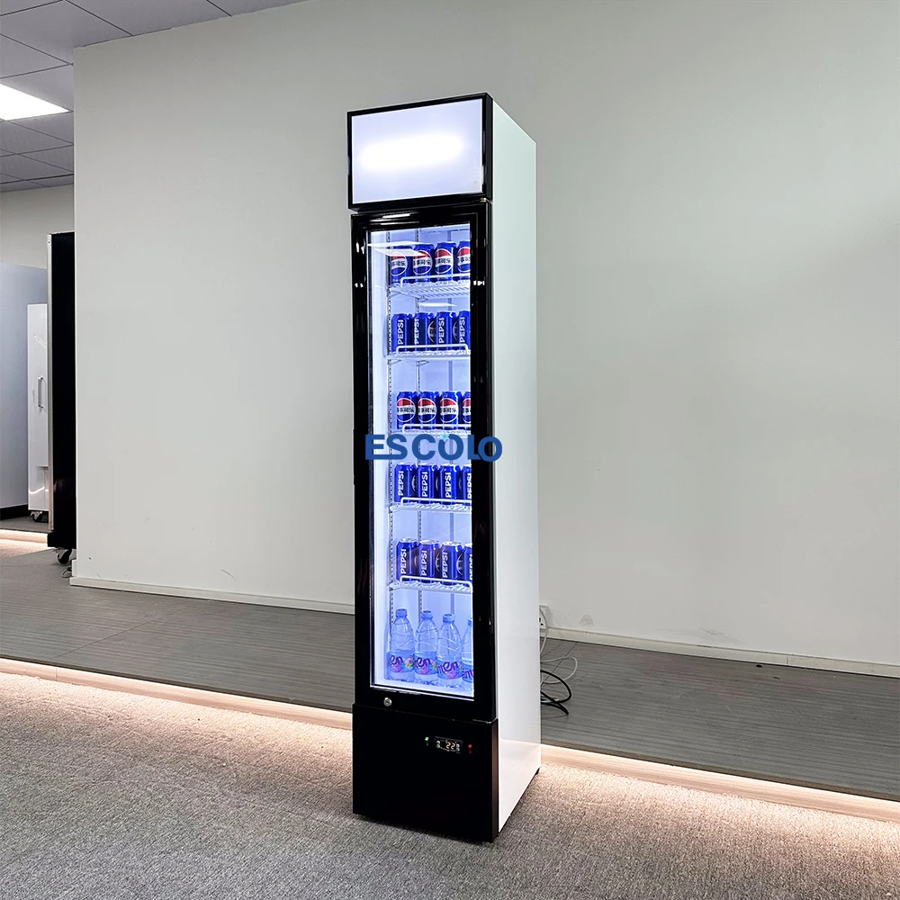 Energy Efficient Slim Cooler 220L Vertical Glass Door Display Fridge for Display Retail Drinks and Food