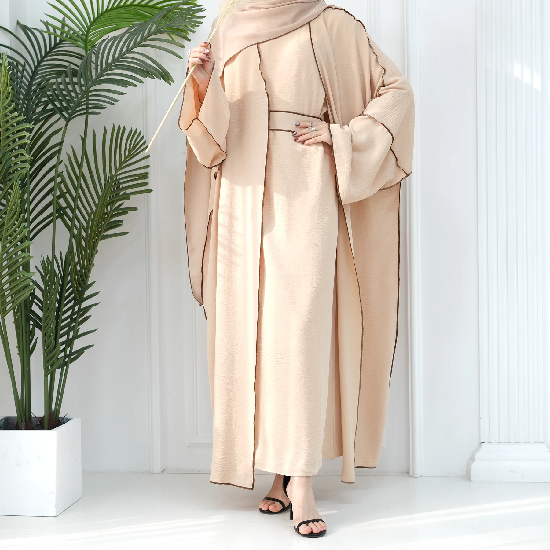2024 Ramadan 2pcs Open Abaya Dress Set Dubai Crepe Kaftan Robe Matching Sleeveless Dress Muslim Kimonos Ladies Cardigan Dresses