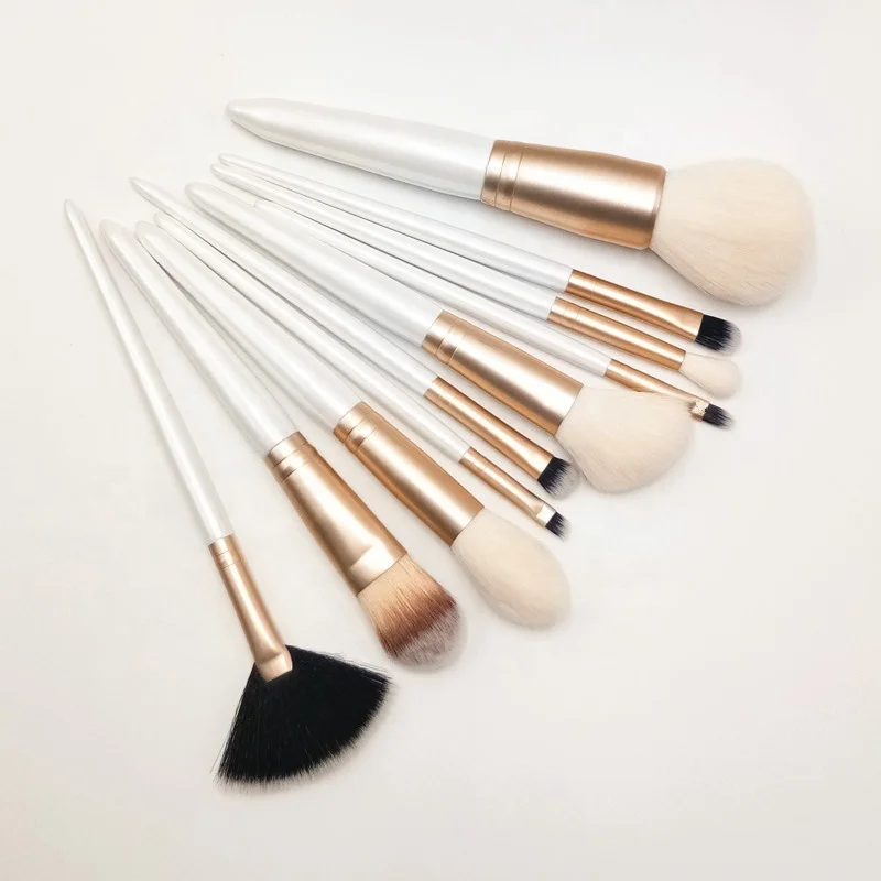 Make Up Brush Beauty Tools Kit Custom Brand 10pc Gold and Pearl White Professional Makeup Brush Set