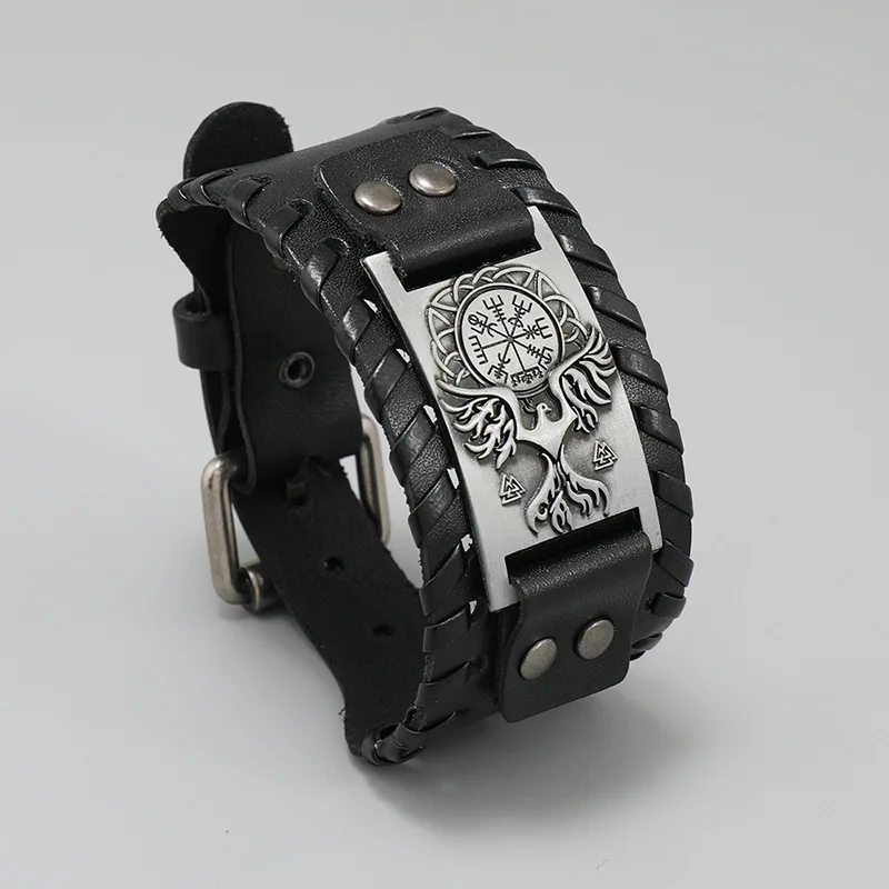 Nordic style Viking compass leather bracelet Retro punk jewelry vikings valhalla bangle for men