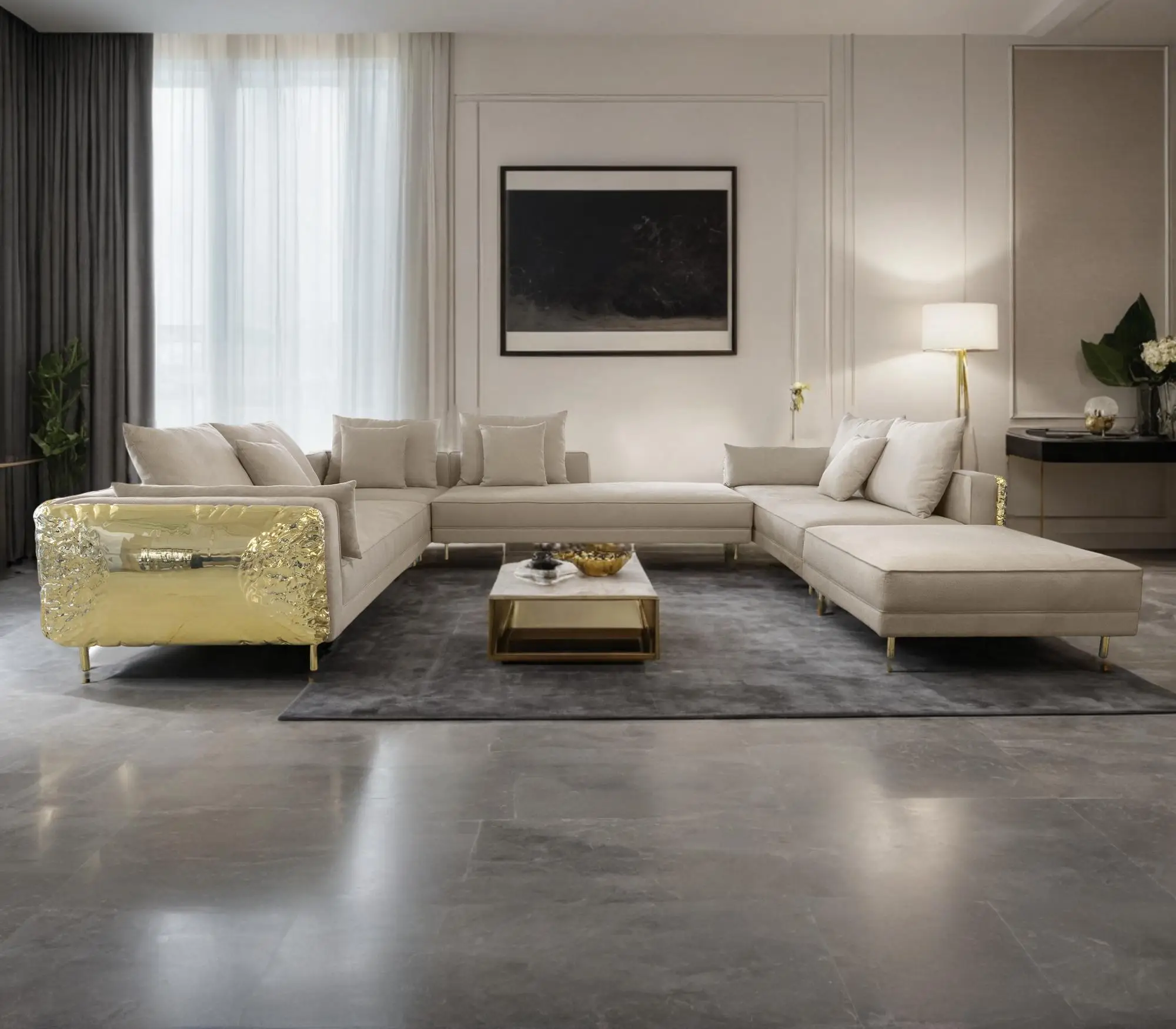 Home Sofa Furniture Luxury Fabric Living Room Couch Sets  L Shape pure copper  Corner Sofa