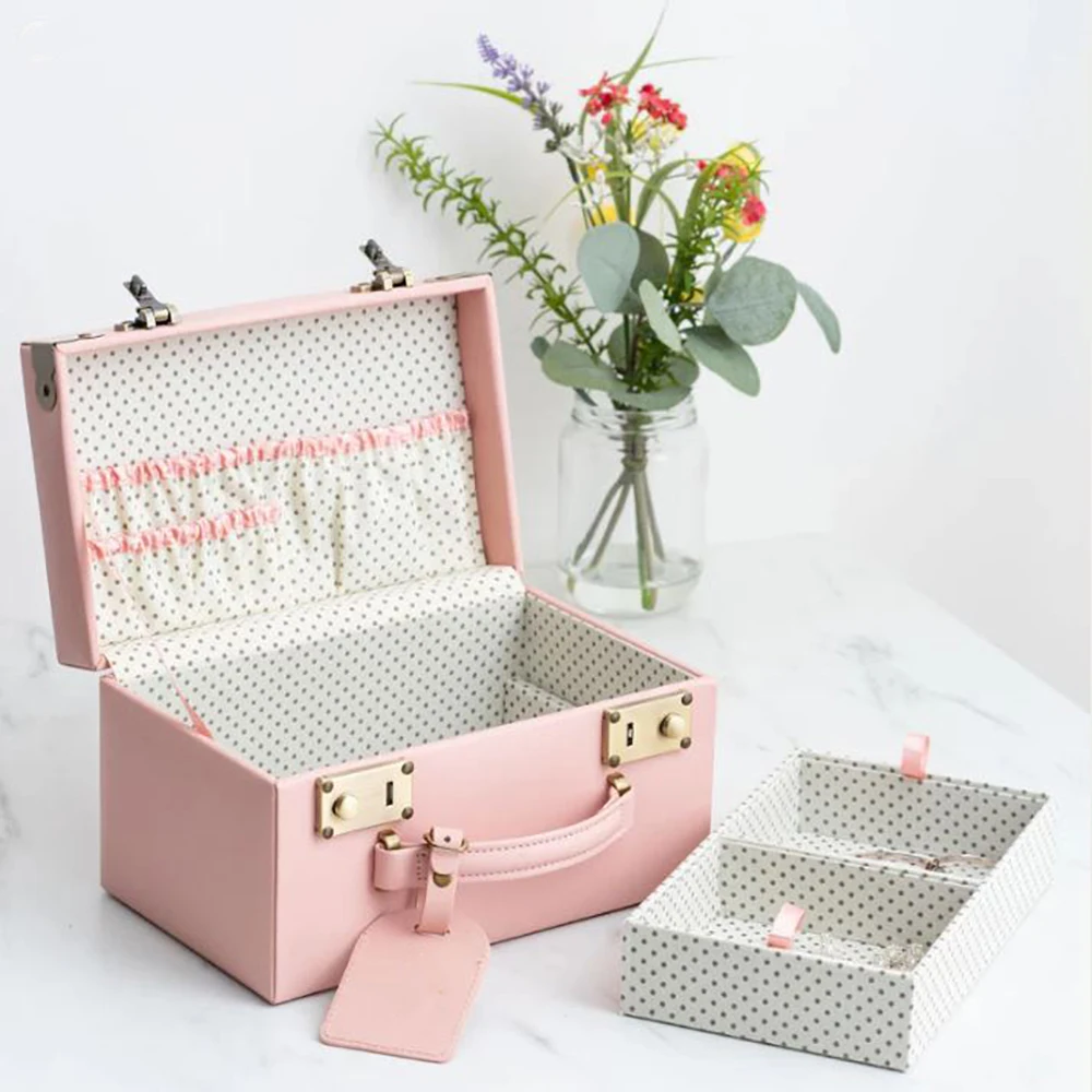 Jewelry Show Box Keepsake Mystery Gift Wooden Leather Pink With Ribbon Closure Memory Case Jewellery Boxes