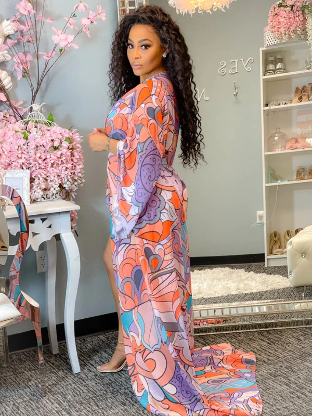 H2711 Woman Long Floral chiffon Fabric Blue Casual Beachwear Summer Orange Lace Kimono Sexy Maxi Dress