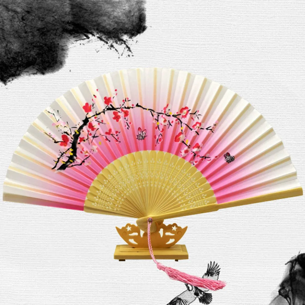 Bamboo Ribs Fabric Portable Folding Oriental Hand Fans with Tassel for Dance Performance Decoration Wedding Party Favor