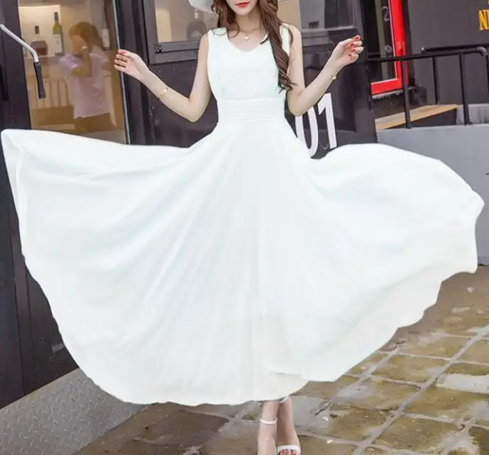 Summer new style plus size solid color beach long skirt Korean fashion bohemian white chiffon dress
