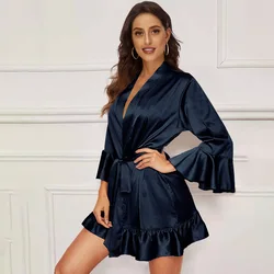 Wholesale Price Girl Night Dress Satin Plain Short Kimono Sexy Black Satin Robe